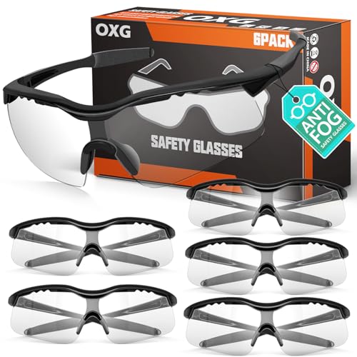 OXG 6 Pack Anti-Fog Safety Glasses, ANSI Z87+ Impact & Scratch Resistant Protective Eyewear for Work, Lab, Construction - color: Clear