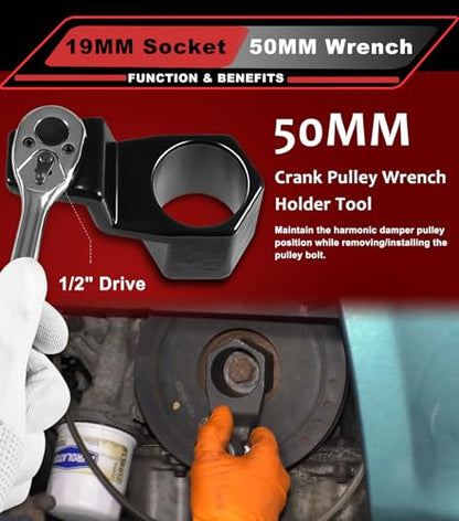 19mm Harmonic Balancer Socket & 50mm Crank Pulley Wrench Holder, Heavy Duty Crankshaft Bolt Removal Tool Kit Compatible with Honda & Acura Engines - 2 PCS
