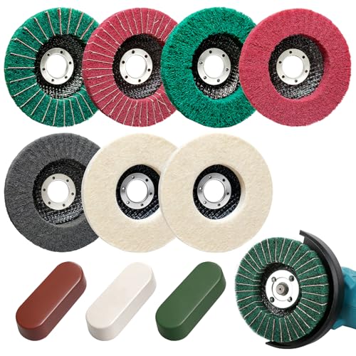 BURMONG 10Pcs 4.5'' Buffing Polishing Wheel for Angle Grinder - 7 Aluminum/Stainless Steel Metal Polishing Wheels & 3 Compounds Kit, Scour Flap Disc for Metal (7/8'' Arbor)