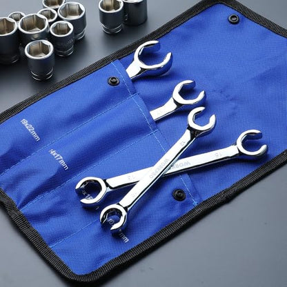 WORKPRO 4-Piece Flare Nut Wrench Set, Metric Brake Line Wrenches 10, 12, 13, 14, 15, 17, 19, 22mm, Cr-V Steel, 15° Offset Head Tubing Wrench, Organizer Pouch Included - size: Metric