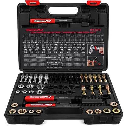 Thread Repair Thread Chaser Tool Set - 49PCS Thread Cleaner Rethreading Master Kit Metric SAE Bolt Restorer File Nut Rethreader Automotive Wheel Stud Spark Plug Engine Standard Screw Threading UNC UNF