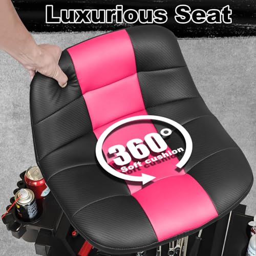 Rolling Stool with Wheels, Adjustable Height Pneumatic Garage Work Mechanic Stool Seat with Backrest, 400 LBS Capacity 360° Swivel Mechanic Crepper Chair with Tool Tray Storage, Pink - color: Pink