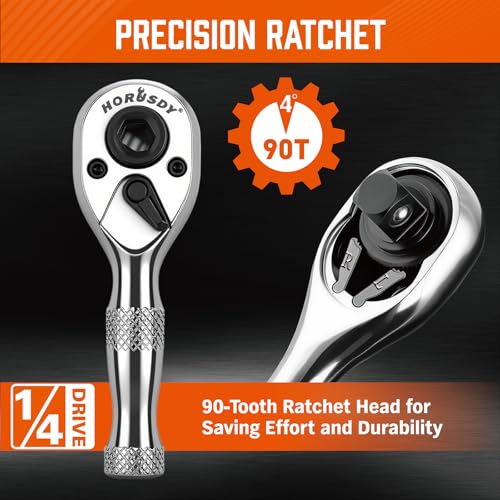 HORUSDY 1/4-Inch Stubby Ratchet Wrench Set, Chrome Alloy 90-Tooth Reversible 1/4" Drive Handle with Magnetic Bit Driver & 1/4" to 3/8" Adapter, Compact Socket Wrench for Tight Spaces, Auto, DIY - style: 1/4" Drive 90T stubby