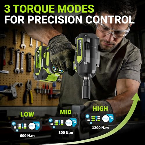 Cordless Impact Wrench 1/2 Inch, 1200N.m High Torque Brushless Impact Gun, 21V Power Impact Driver with 2×4.0Ah Batteries, 3-Speed modes & LED Light, 5 Sockets for Car/Mower (Black&Green)