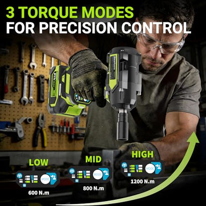 Cordless Impact Wrench 1/2 Inch, 1200N.m High Torque Brushless Impact Gun, 21V Power Impact Driver with 2×4.0Ah Batteries, 3-Speed modes & LED Light, 5 Sockets for Car/Mower (Black&Green)