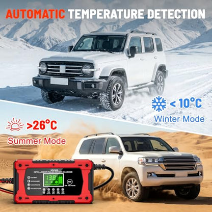 Car Battery Charger 12V 10A Automatic Smart Trickle Charger & Maintainer | Temperature Compensation LCD Display 8 In 1 Protection Suitable for Car Truck Motorcycle Lawn Mower Boat - color: Light Red