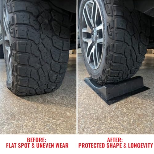 USA Made Extra-Wide Heavy-Duty Flat-Free Tire Ramps with 4 Thick Mats – Prevent Flat Spots During Long-Term Storage – Non-Slip HDPE Ramps Support 10 Tons – for Cars, RVs, Trucks – Set of 4