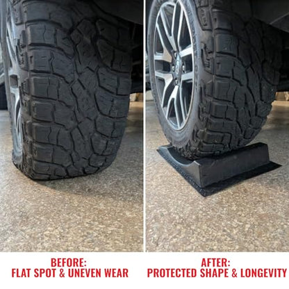 USA Made Extra-Wide Heavy-Duty Flat-Free Tire Ramps with 4 Thick Mats – Prevent Flat Spots During Long-Term Storage – Non-Slip HDPE Ramps Support 10 Tons – for Cars, RVs, Trucks – Set of 4