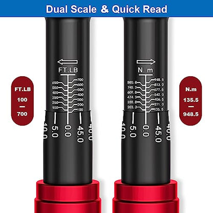 SUERCUP 3/4-Inch Drive Click Torque Wrench, 100-700ft.lb/135.5-948.5Nm | Heavy Duty Torque Wrench, ±3% Accuracy, Dual-Direction Adjustable, 48-Tooth, for Oil Rigs, Truck & Tractor Maintenance - size: 3/4" 100-700Ft.Lb/135.5-948.5N.m