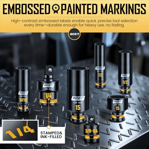 BOEN Pro 1/4" Drive Impact Socket Set, 74-Piece SAE (3/16"-9/16") and Metric (4-15mm), 6-Point Deep & Shallow Kit with Deep Painted Marking, Cr-Mo, Includes Ratchet Handle,Universal Socket for DIYers