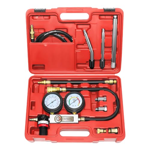 JIFETOR Cylinder Leak Down Tester Kit, Automotive Engine Compression Dual Gauge Leakdown Test Set with 10 12 14 18mm Spark Plugs Universal for Small Engine Motorcycle ATV, Red Case - color: Red Case