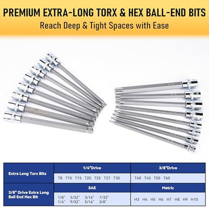 107-Piece Master Torx & Allen Bit Socket Set, S2 Steel, 1/4" 3/8" 1/2" Drive, Long Torx, Ball End Hex, Tamper-Resistant Star, E-Star Sockets, SAE & Metric (Chrome-Polished Set)