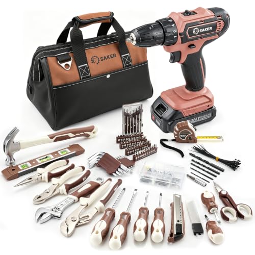 Saker 20V Tool Set with Drill, General Home Hand Tool Kit with 14-Inch Storage Bag, Tool Set with 20V Cordless Drill for DIY Projects, Home Repairs, Handyman, Mocha Brown