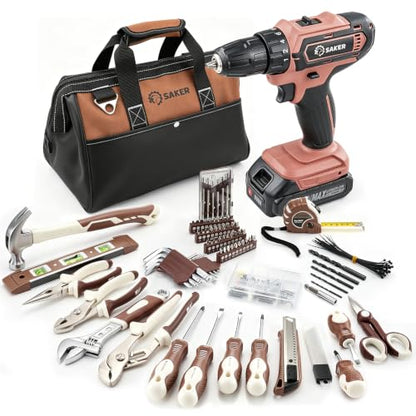 Saker 20V Tool Set with Drill, General Home Hand Tool Kit with 14-Inch Storage Bag, Tool Set with 20V Cordless Drill for DIY Projects, Home Repairs, Handyman, Mocha Brown
