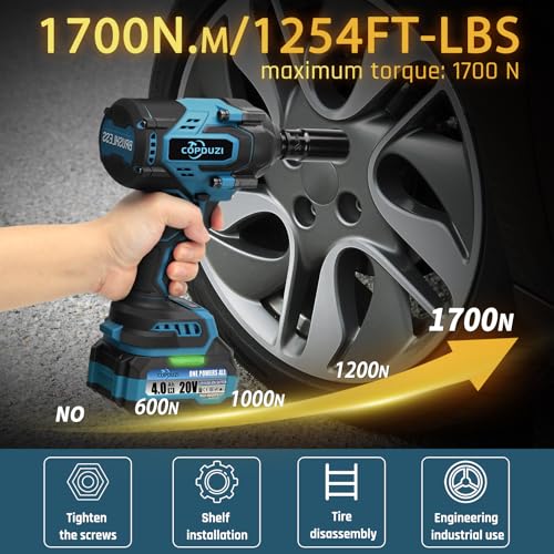 1700Nm 1/2" Cordless Impact Wrench, 1253 Ft-lbs Brushless Impact Gun, 20V High Torque Impact Driver with 2 x 4.0Ah Batteries 6 Sockets & Case, Pistola De Impacto for Home Car Tire Heavy Truck
