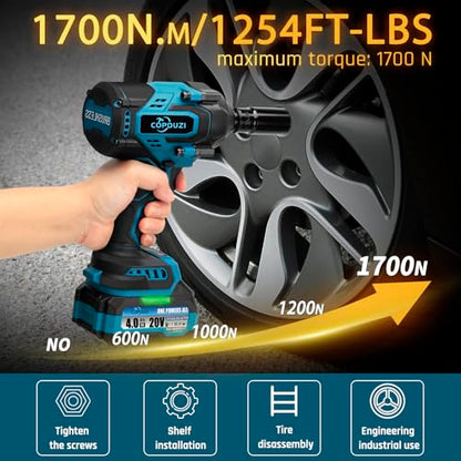 1700Nm 1/2" Cordless Impact Wrench, 1253 Ft-lbs Brushless Impact Gun, 20V High Torque Impact Driver with 2 x 4.0Ah Batteries 6 Sockets & Case, Pistola De Impacto for Home Car Tire Heavy Truck
