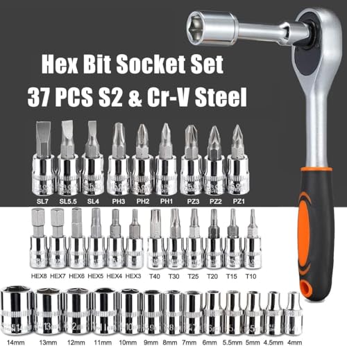 46 Pieces 1/4 in. Drive Ratchet Socket Wrench Set with Quick-Release Ratchet,Includes Metric Bit Sockets and Extension Bar for Car Repair and Home Maintenance - size: Full Size