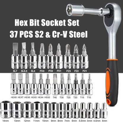 46 Pieces 1/4 in. Drive Ratchet Socket Wrench Set with Quick-Release Ratchet,Includes Metric Bit Sockets and Extension Bar for Car Repair and Home Maintenance - size: Full Size