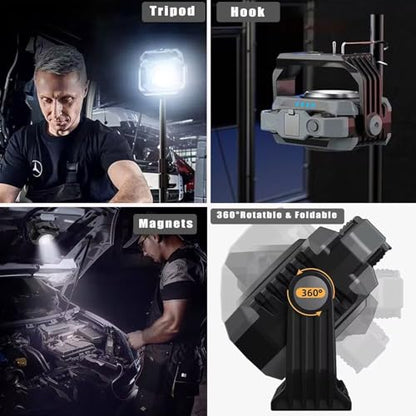 COB Work Light Rechargeable Magnetic Work Lights 1500LM with Stepless Dimming Flashlights Waterproof 360°Foldable COB Flood Light for Camping, Fishing, Car Repair, Hiking,Garage,Job Site Lighting