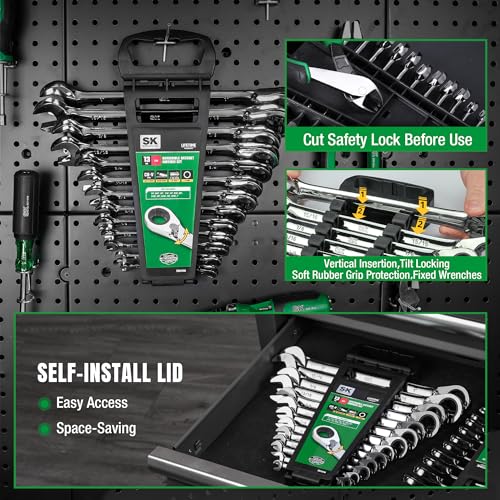 SK Reversible Ratcheting Wrench Set, Combination Wrench Set, 13-Piece, SAE 1/4" to 1", 72-Tooth, Premium CR-V Construction, with Rack Organizer - size: 6.35-25.4 mm