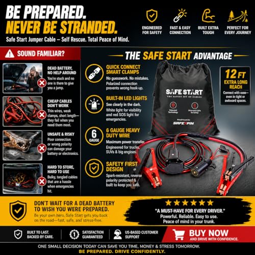 Safe Start Jumper Cable | Heavy Duty Jumper Cables for Trucks, SUV | Self Rescue Car Jump Starter | Quick Connect, Built-in Lights, Portable | Prioritizing Safety | 6 Gauge Wire, 12 Ft. - size: 7-Pin Easy Cables