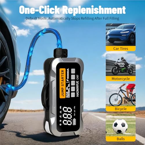 4000A Car Jump Starter with Air Compressor150PSI | Portable Car Battery Jump Starter, 12V Jump Box Battery Pack (8L Gas 6L Diesel Engine) with Boost, LEDLight and Jumper Cables - color: Sliver