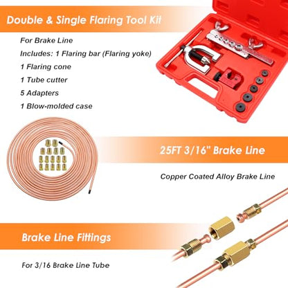 25 ft 3/16inch Copper Coated Brake Line Kit(Includes 24 Fittings and 4 Unions) with Double & Single Flaring Tool Kit - size: 3/16 Inch Gold, style: Brake Line Kit