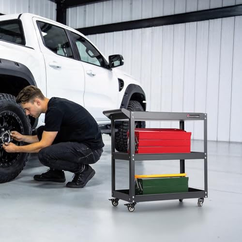 3 Tier Heavy Duty Rolling Tool Cart, Industrial Steel Service Cart for Garage, Workshop, Warehouse, 330LBS Capacity, Black Mechanics Tool Trolley with Wheels and Handle