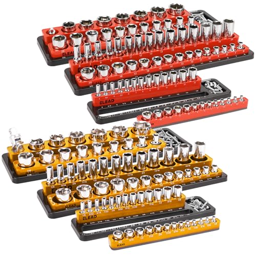 ELEAD Magnetic Socket Holder Organizer Set - 6-Piece Durable 1/2, 1/4, 3/8 Inch Drive Holder, Tool Box Storage Tray for Wrench, Screwdriver, Mechanic Tools, Portable Toolbox Accessory - color: Red&orange