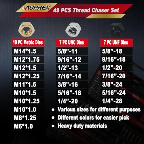 AUPREX 49Pcs Thread Chaser Set, UNC, UNF & Metric Thread Repair Kit with Taps, Dies and Thread Files for Re-Threading, Universal Metric and SAE Thread Chaser Kit - size: 49Pcs Metric&SAE