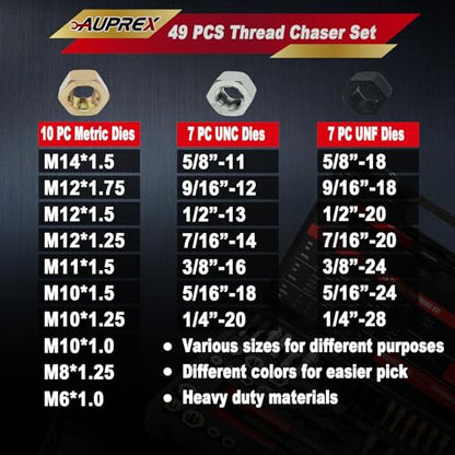 AUPREX 49Pcs Thread Chaser Set, UNC, UNF & Metric Thread Repair Kit with Taps, Dies and Thread Files for Re-Threading, Universal Metric and SAE Thread Chaser Kit - size: 49Pcs Metric&SAE