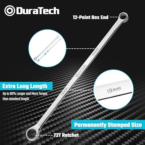 DURATECH 19mm Extra Long Ratcheting Wrench, Metric, CR-V Steel - size: 19mm