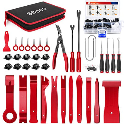 Nilight Trim Removal Tool 88Pcs, Auto Push Pin Bumper Retainer Clip Set Fastener Terminal Remover Tool Adhesive Cable Clips Kit Car Panel Radio Removal Auto Clip Pliers - color: 88 Clips+ Remover Tools Red
