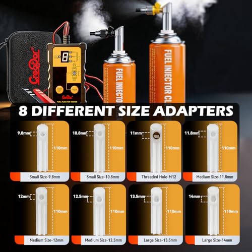 Creator Fuel Injector Testing and Cleaning Tool Kit, 8 Pulse Modes, 4-Wire Dual-Channel Simultaneous Testing, 8 Adapter Sizes, 12V/5V Output for DIY Auto Repair