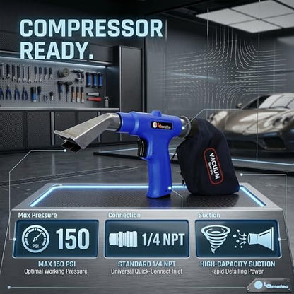 LE LEMATEC Pneumatic Air Vacuum Blow Gun, Dual-Action Detailing Cleaner | 150 PSI, 6-piece attachment kit, compressor-driven, automotive shop blower, workshop accessory