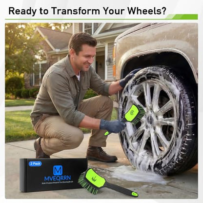 MVEQRRN 2-Pack Car Wheel & Tire Detailing Brush Set, Soft & Stiff Bristles (Green) | Rubber handle, Wheel Cleaner Brush, deep clean rims, wheel brushes for cleaning wheels, for fenders, carpets, car wash kit - color: black green