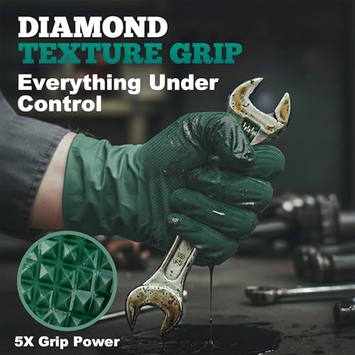 TitanFlex Heavy Duty Industrial Nitrile Gloves with Raised Diamond Texture, 8-mil, Latex Free (Green/Dark Green/Yellow) - color: 04 Dark Green (50ct), size: X-Large