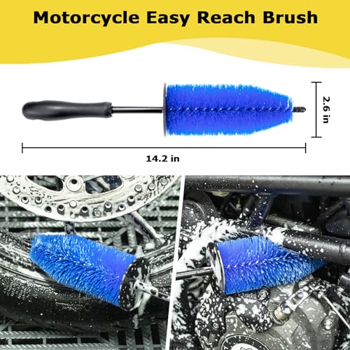 focopot Motorcycle Cleaning Kit 6 Pack with Easy Reach Brush,Tire Brush,Wool Wash Mitt,Chain Brush,Detailing Brush and Microfiber Towel for Cleaning Motorcycle Mudguard,Rims,Exhaust,Frame