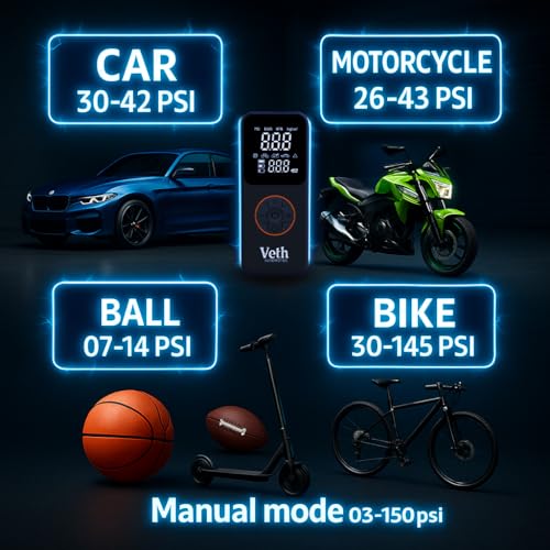 VT05 Portable Tire Inflator, 150 PSI Cordless Air Pump | 2500mAh, Triple Battery, Auto Shut-Off, LED Display, USB-C Out, for Car Motorcycle Bike Balls, Inflates in 1 Min