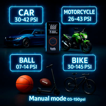 VT05 Portable Tire Inflator, 150 PSI Cordless Air Pump | 2500mAh, Triple Battery, Auto Shut-Off, LED Display, USB-C Out, for Car Motorcycle Bike Balls, Inflates in 1 Min