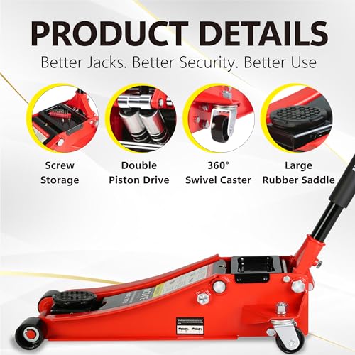 3T Low Profile Steel Floor Jack, 6600 lb, Dual Pump, 3.3"-18.5" Lift, Red | Heavy-duty steel. Dual piston quick lift. Low profile design. 3.3" entry, 18.5" max. Overload safety protection. - size: 3T Dual Pump 3.3"-18.5"(Red)