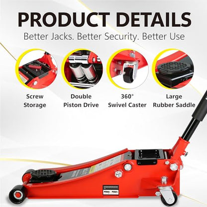 3T Low Profile Steel Floor Jack, 6600 lb, Dual Pump, 3.3"-18.5" Lift, Red | Heavy-duty steel. Dual piston quick lift. Low profile design. 3.3" entry, 18.5" max. Overload safety protection. - size: 3T Dual Pump 3.3"-18.5"(Red)