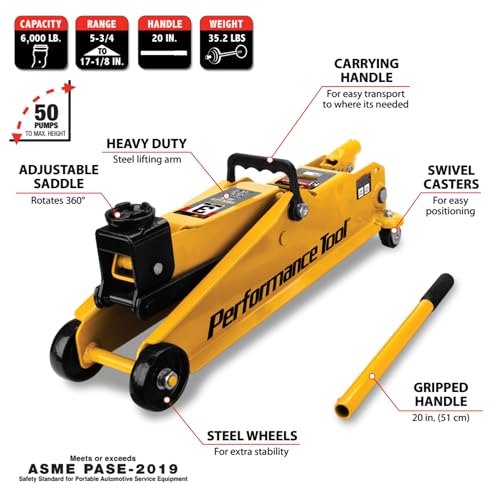 Performance Tool W1619 3 Ton Trolley Jack and Jack Stands: 6000 lb Capacity, 5.75-17.125-in Lift, 11.25-16.75-in Height Ratchet-Style Jack Stands, Swivel Casters and Steel Wheels, High-Viz Yellow