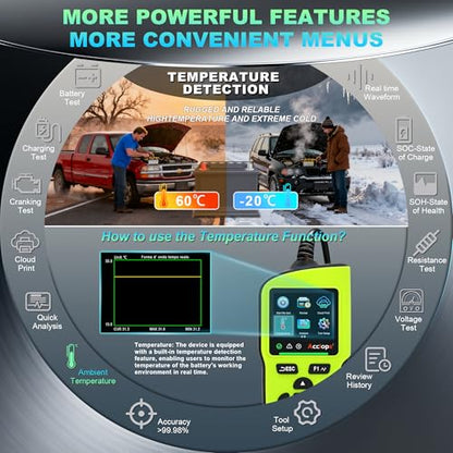 BT90 PRO 2-360Ah Battery Tester with Cloud Printing, 30-3800 CCA, 6V/12V/24V Digital Analyzer, SOH/SOC/Volt/Res/Cranking&Charging Test, Real‑Time Ambient Temp, AGM/EFB/Gel/Li - color: GREEN