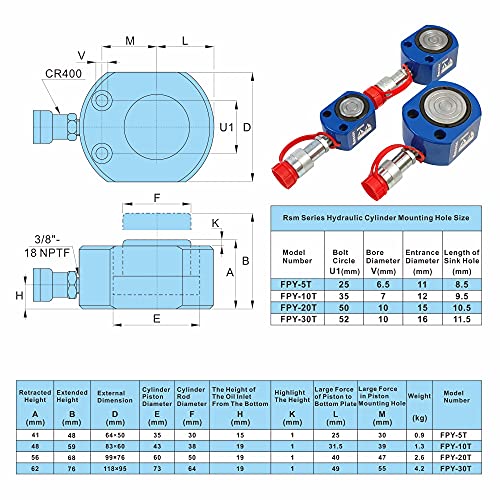 AMZCNC 5T Hydraulic Ram Cylinder Low Profile Hydraulic Cylinder Jack Single Section Mini Jack Ram 7mm Stroke - size: 5T