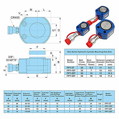 AMZCNC 5T Hydraulic Ram Cylinder Low Profile Hydraulic Cylinder Jack Single Section Mini Jack Ram 7mm Stroke - size: 5T