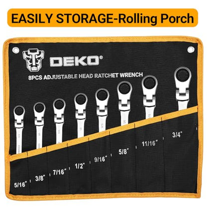 DEKOPRO 8-PC Flex Head Ratcheting Wrench Set SAE 5/16'' to 3/4'', 72-Tooth Cr-V Combination Wrenches with Portable Pouch for Mechanics & Home Maintenance - size: SAE