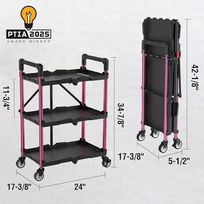 WORKPRO 3-Tier Collapsible Utility Cart, 210 LBS Cart with Wheels | No Assembly Required, Foldable Service Cart with Spacious Shelves for Garage, Warehouse, Office & Home Use, Black/Pink - color: Black/Glossy Pink