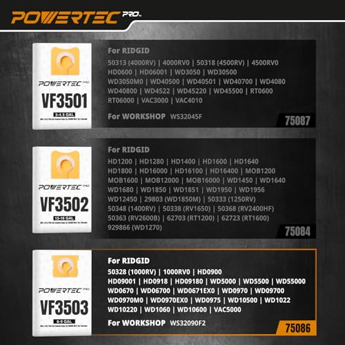 POWERTEC PRO VF3503 Size B Wet Pickup Shop Vac Bags for Ridgid 4 Pack, 6-9 Gal. Wet or Dry Dust and Debris Collection Dust Bags for Ridgid HD9000, 1000RV Wet Dry Vac (75086-P2) - size: VF3503 (Size B), style: Wet Use (4PK)