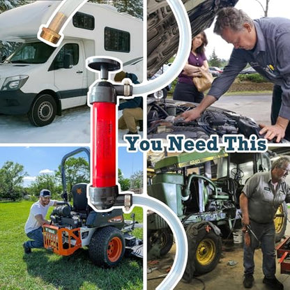 Hand Fuel Pump, Manual Liquid Siphon Pump, Multi-Use Fluid Transfer, Oil, Gasoline, Water, For RV Winterizing, Car Maintenance, Garage, Farm, Mechanic, Includes 2 Hoses, 2 Adapters, 3 Clamps (H-Pump)